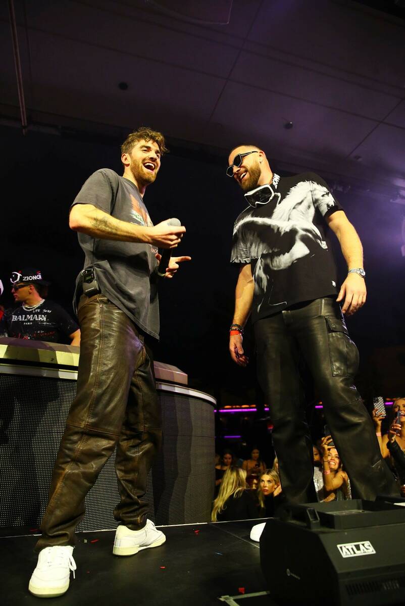 Drew Taggart of The Chainsmokers and Kansas City Chiefs star Travis Kelce Laughing on Stage at ...