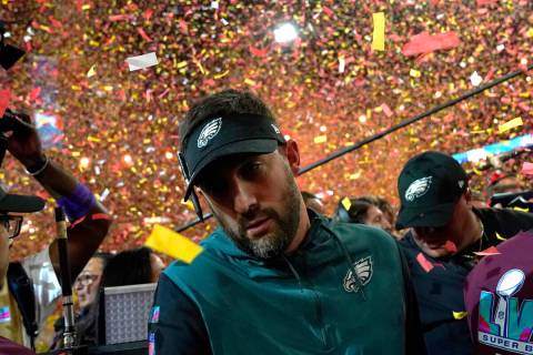 Philadelphia Eagles head coach Nick Sirianni reacts after losing the NFL Super Bowl 57 football ...