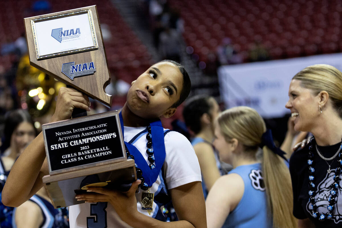 Centennnial’s Charlece Ohiaeri poses with her team’s NIAA Class 5A girls high sch ...