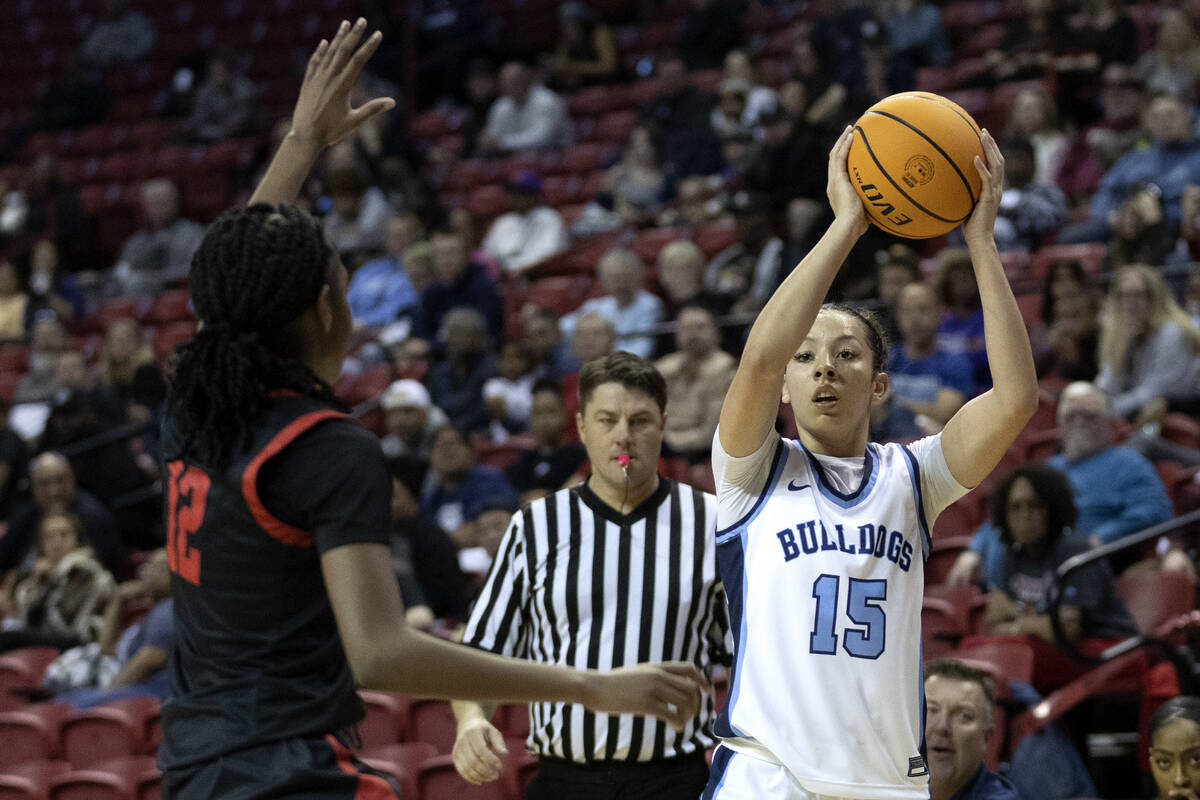 Centennial’s Jada Price (15) looks to pass while Coronado’s Jaila Childress (12) ...