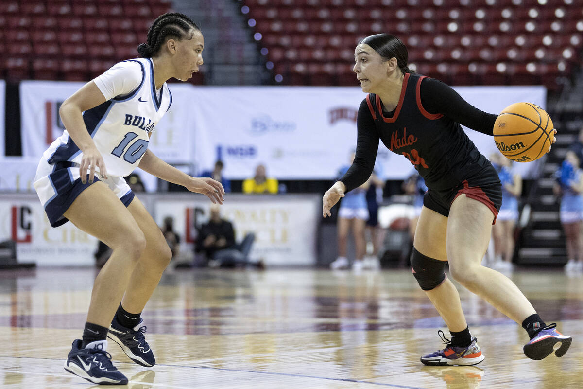 Coronado’s Kaylee Walters (14) dribbles against Centennial’s Tayla Perkins (10) d ...