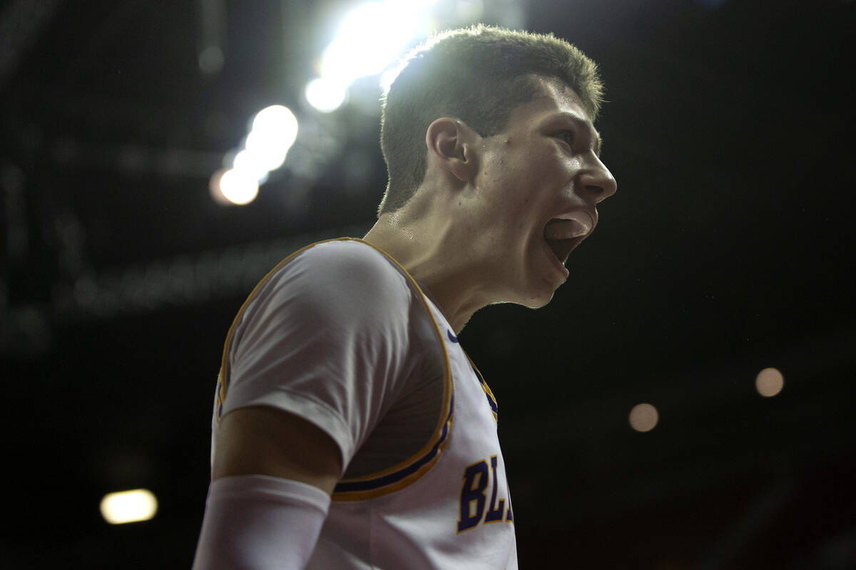 Durango’s Colton Knoll celebrates after referees called a foul on Liberty during the sec ...