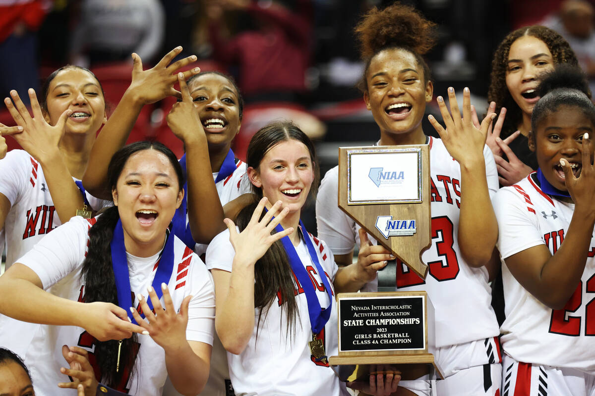 Las Vegas poses for a portrait after defeating Desert Pines in the class 4A girls high school b ...