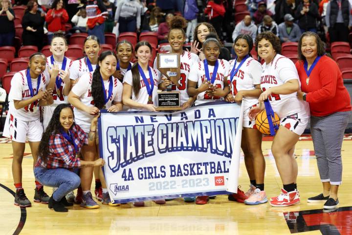 Las Vegas poses for a portrait after defeating Desert Pines in the class 4A girls high school b ...