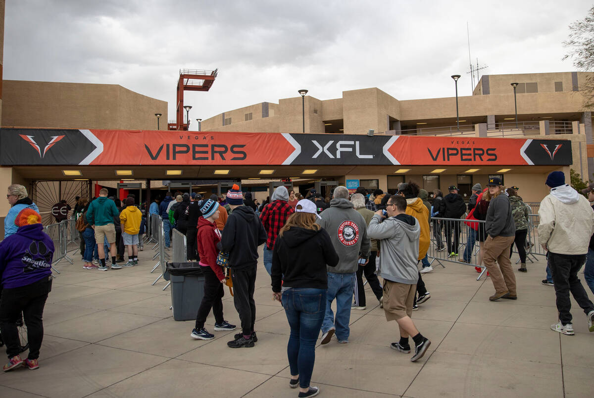 Fans enter Cashman Field for an XFL football game between the Vegas Vipers and the DC Defenders ...