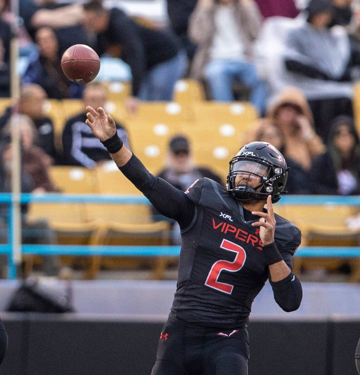 Vegas Vipers quarterback Brett Hundley (2) throws against the DC Defenders during the first hal ...
