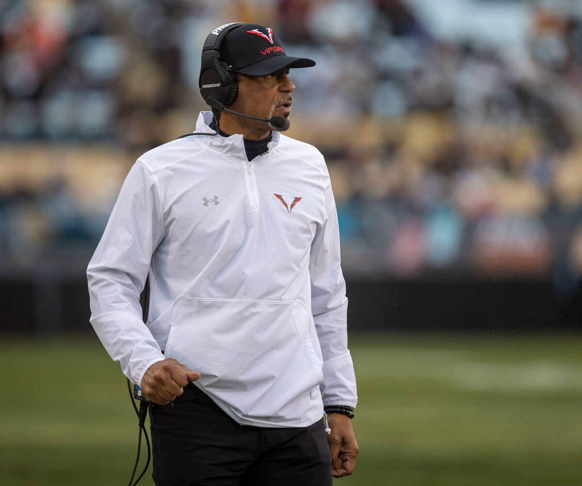 Vegas Vipers head coach Rod Woodson looks on from the sideline during the first half of an XFL ...