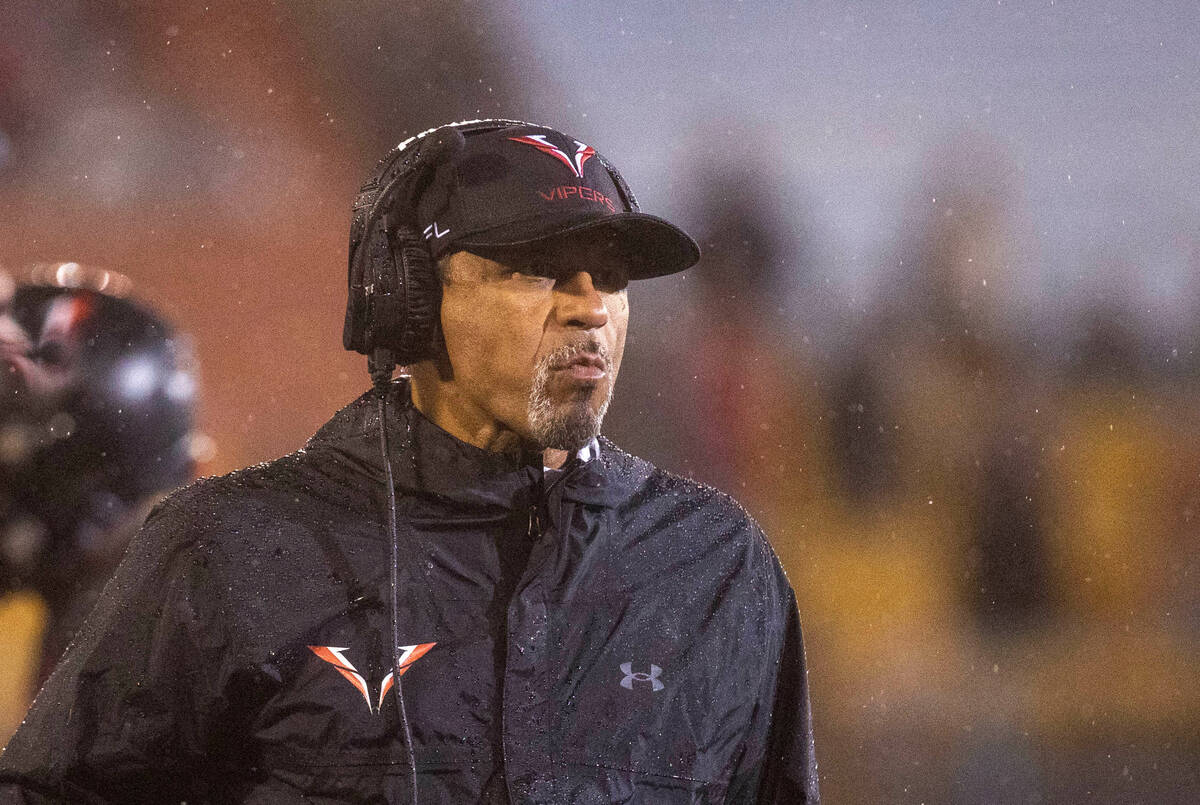 Vegas Vipers head coach Rod Woodson reacts to a play during the second half of an XFL football ...