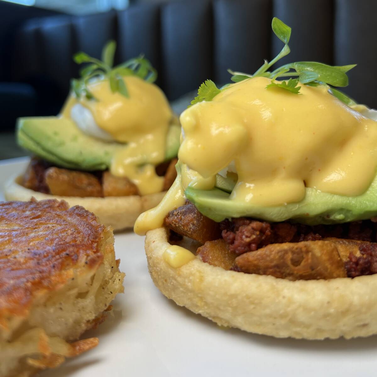 Sopes eggs Benedict from Breakfast Junkies, now open on Bicentennial Parkway in the Inspirada c ...