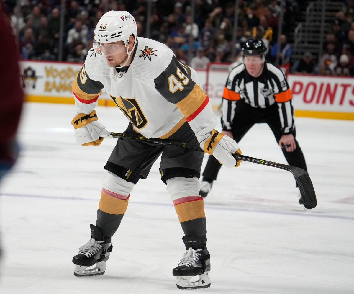 Vegas Golden Knights center Ivan Barbashev waits for a face off in the second period of an NHL ...
