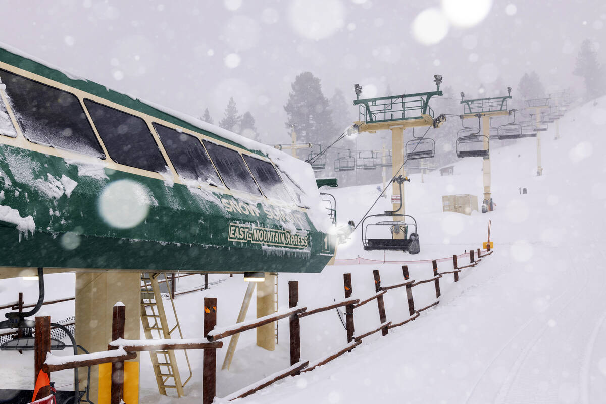 In this photo provided by Big Bear Mountain Resort, snow falls at the resort in Big Bear, Calif ...