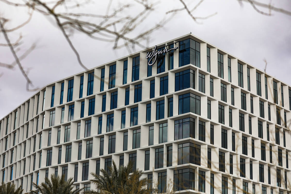 An office building with Wynn Resorts’ name at the top in Downtown Summerlin in Las Vegas ...