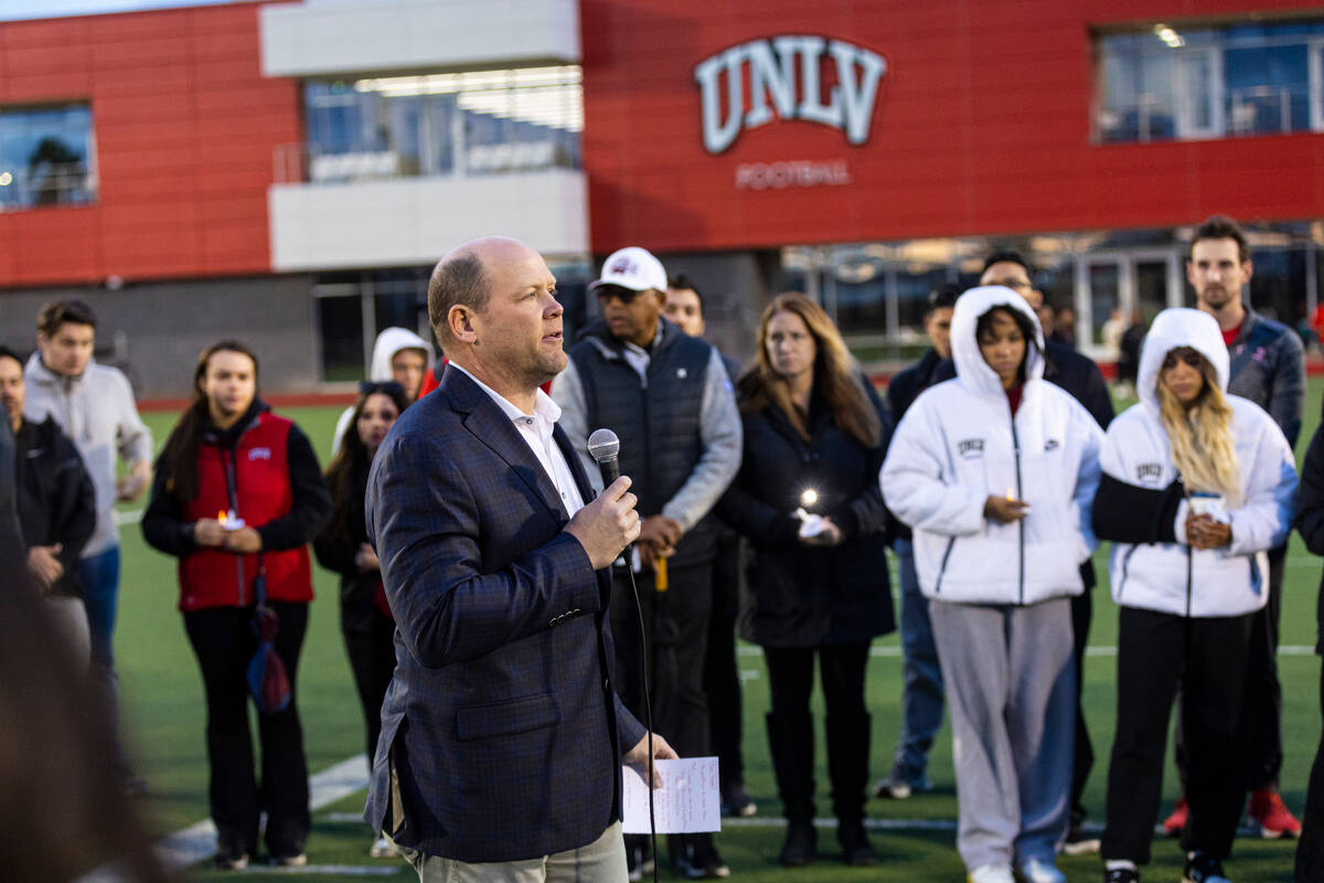 UNLV football coach Barry Odom speaks during a vigil in memory of UNLV football player Ryan Kee ...