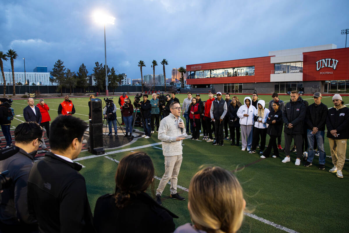 David Wedley, director of student-athlete academic services at UNLV, speaks with the support of ...