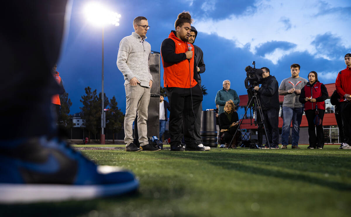UNLV defensive lineman Naki Fahina speaks during a vigil in memory of UNLV football player Ryan ...