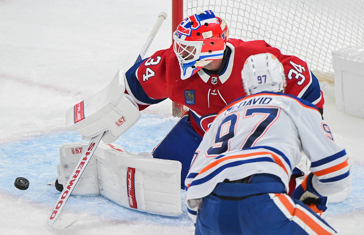 Edmonton Oilers' Connor McDavid is stopped by Montreal Canadiens goaltender Jake Allen during f ...