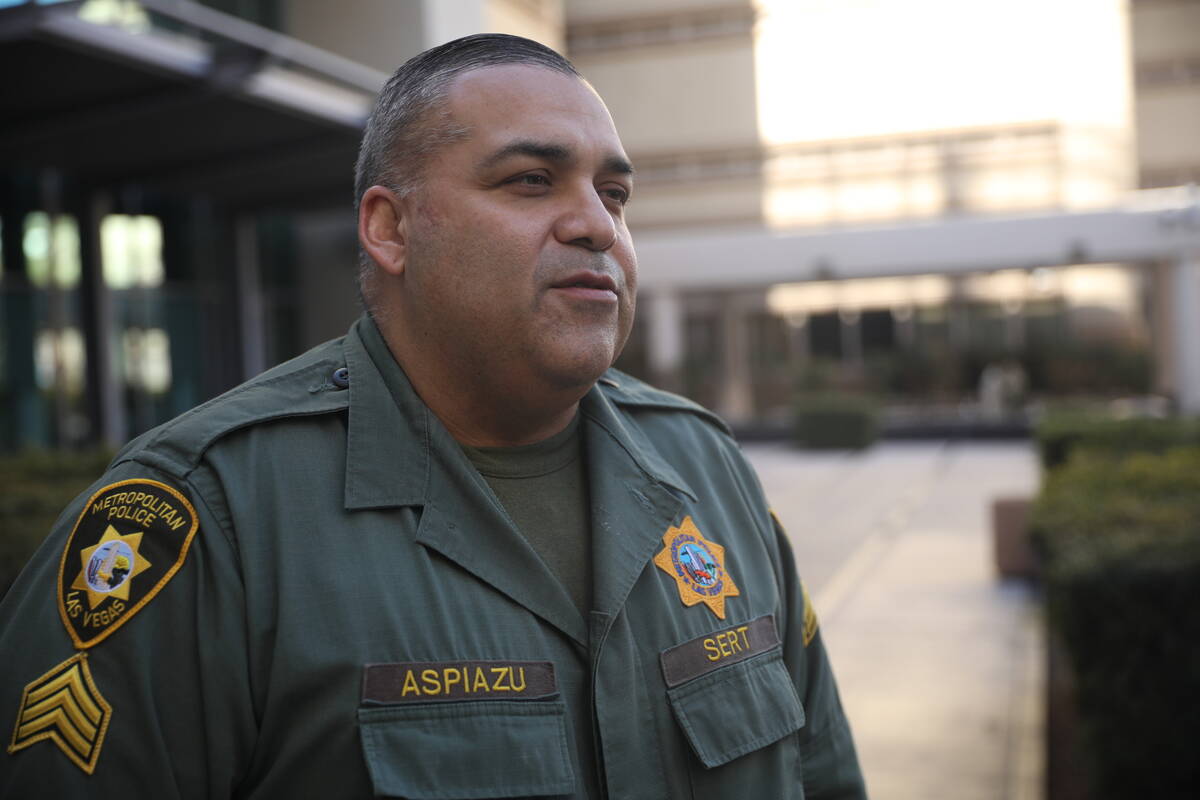 Sgt. David Aspiazu speaks to the Review-Journal outside the Clark County Detention Center where ...