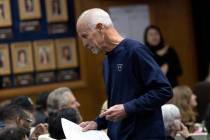 Former Shadow Ridge baseball coach Dan Thomas, who was recently fired, leaves the podium after ...