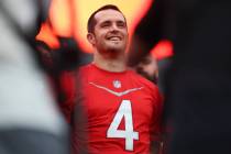 Raiders quarterback Derek Carr participates during a Pro Bowl rehearsal event at Allegiant Stad ...