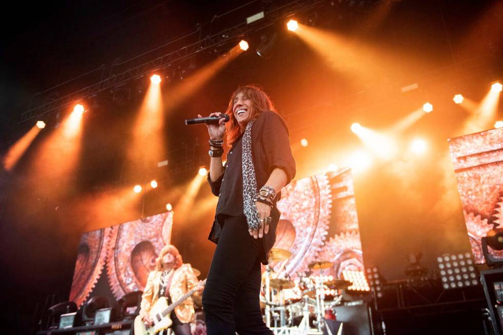 Jeff Keith, of Tesla, performs on stage at Verizon Wireless Amphitheater on Saturday, June,18, ...