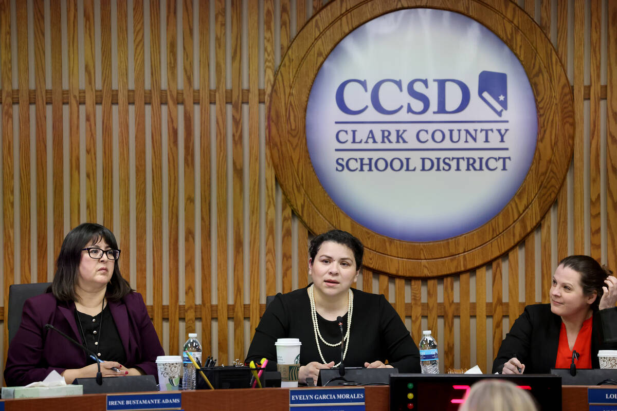 Clark County School Board President Evelyn Garcia Morales, center, during a meeting with fellow ...
