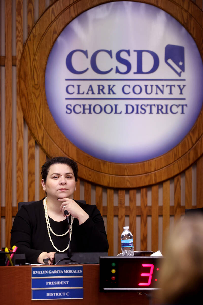 Clark County School Board President Evelyn Garcia Morales listens to testimony during a meeting ...