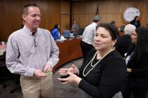Clark County School Board President Evelyn Garcia Morales, right, after a meeting at the Edward ...