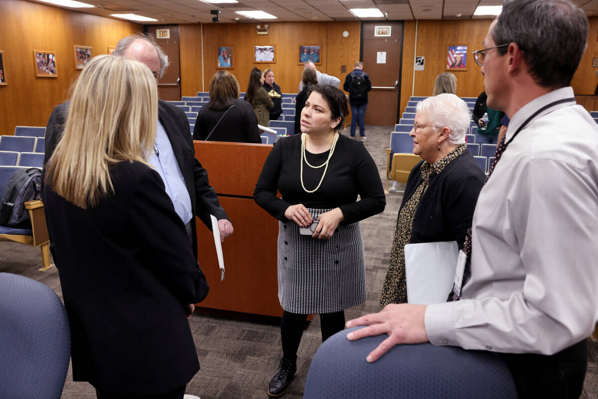 Clark County School Board President Evelyn Garcia Morales, center, after a meeting at the Edwar ...