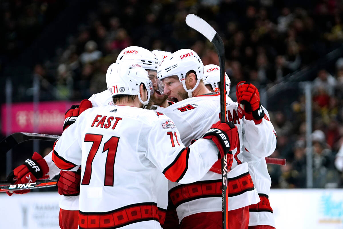 Carolina Hurricanes celebrate a goal against the Vegas Golden Knights during the third period o ...