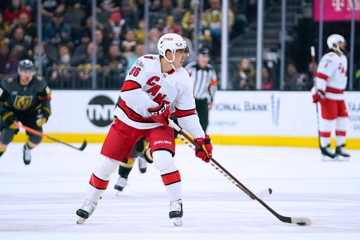 Carolina Hurricanes left wing Teuvo Teravainen (86) skates with the puck against the Vegas Gold ...