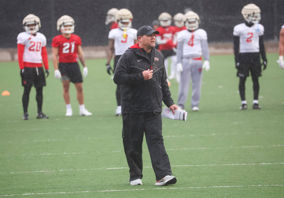 UNLV head coach Barry Odom leads the first day of spring football practice on Wednesday, March ...