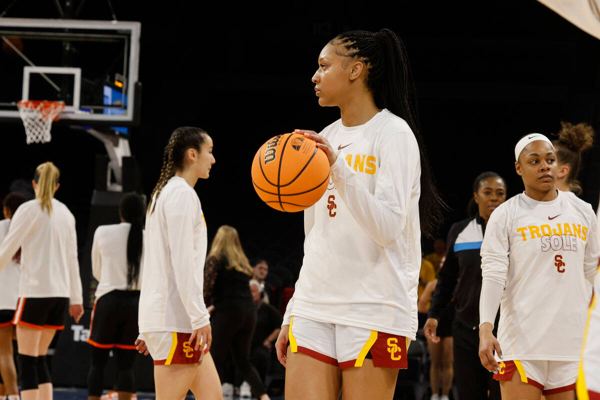 USC Trojans guard Taylor Bigby (1) warms up before an NCAA college basketball game against the ...