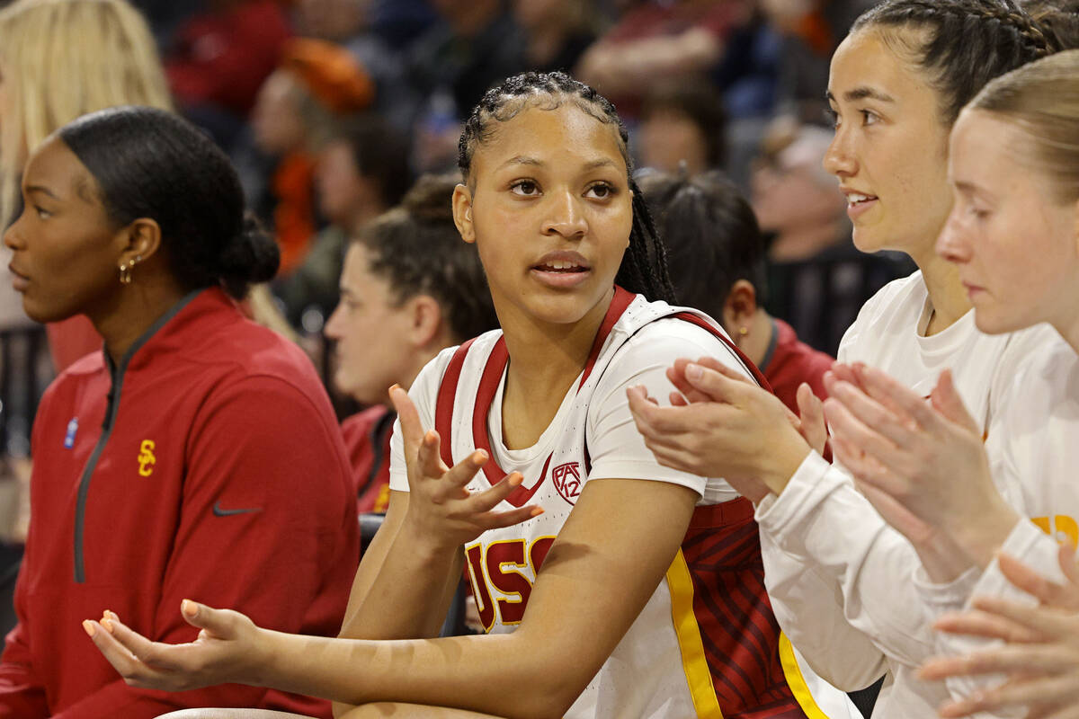 USC Trojans guard Taylor Bigby (1) talks with her teammates during the first half of an NCAA co ...