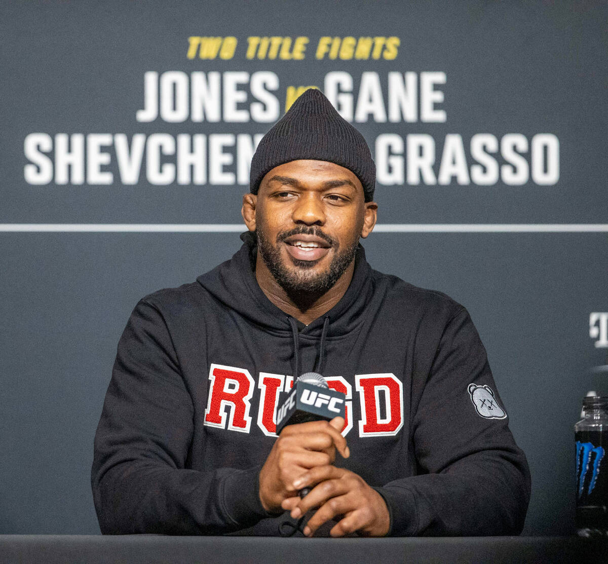 UFC heavyweight Jon Jones speaks during a news conference at the UFC Apex on Wednesday, March 1 ...