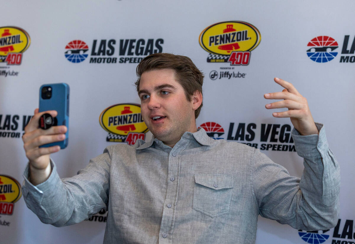 NASCAR driver Noah Gragson gives a live report during a luncheon at Joe's Seafood, Prime Steak ...