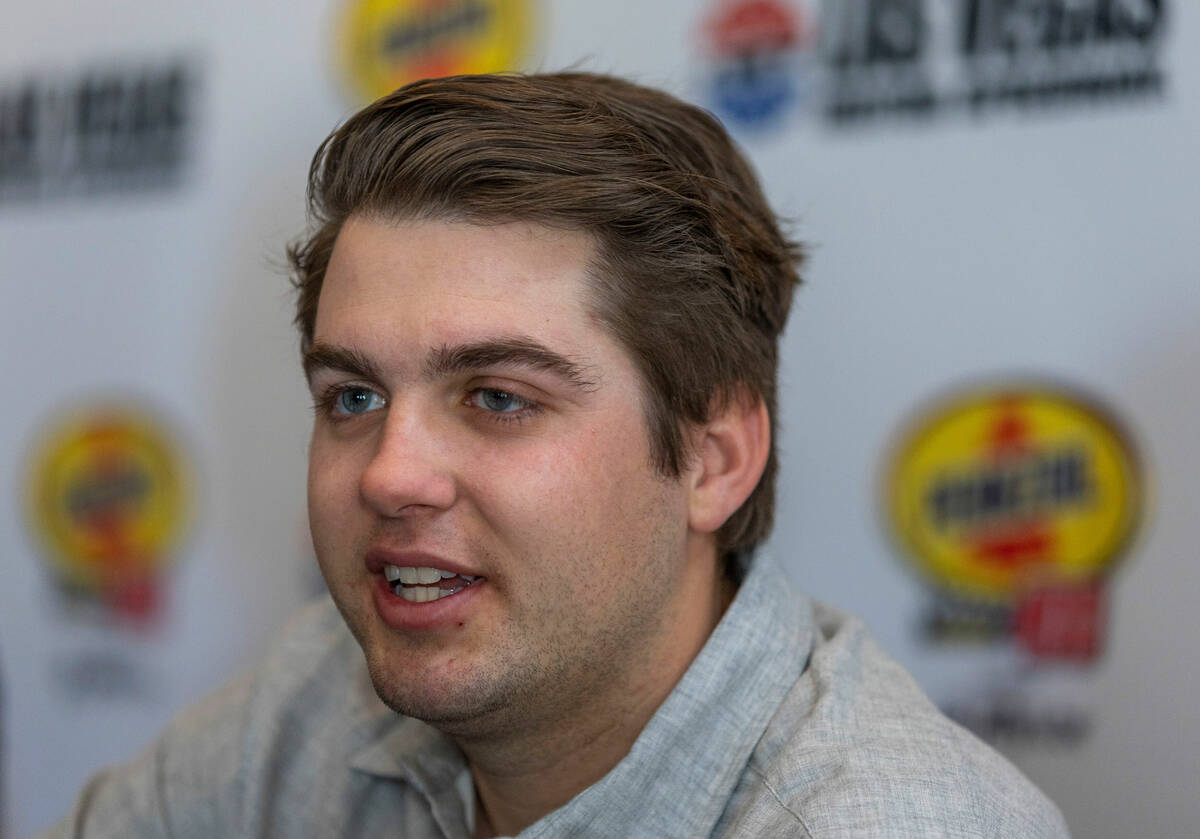NASCAR driver Noah Gragson gives an interview during a luncheon at Joe's Seafood, Prime Steak & ...