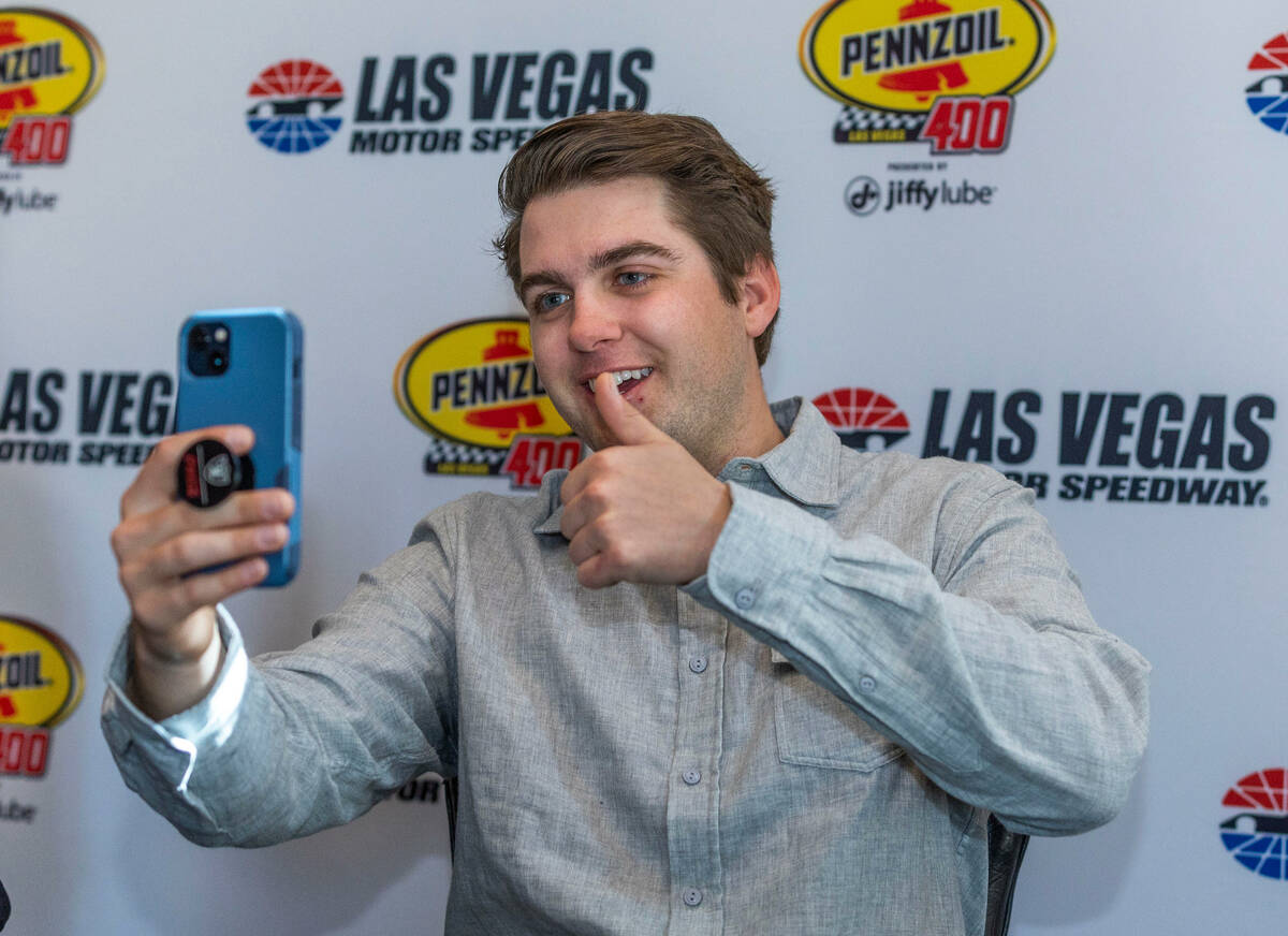 NASCAR driver Noah Gragson gives a live report during a luncheon at Joe's Seafood, Prime Steak ...