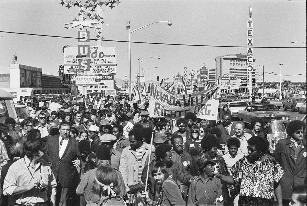 Portion of the Operation Nevada crowd marching down the Vegas Strip. Ruby Duncan walks beside R ...