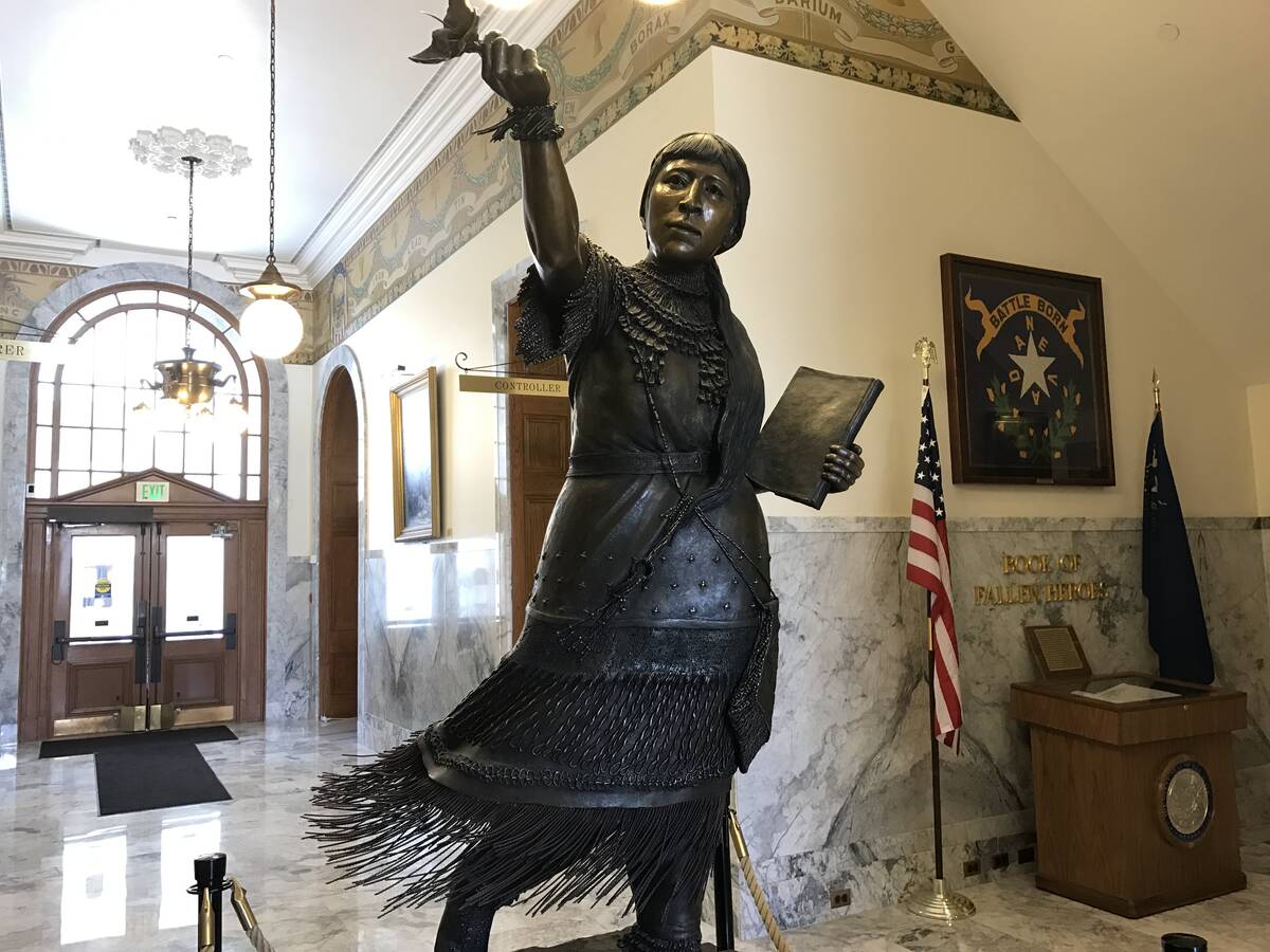 A bronze statute of Paiute princess Sarah Winnemucca in the lobby of the Nevada Capitol in Cars ...