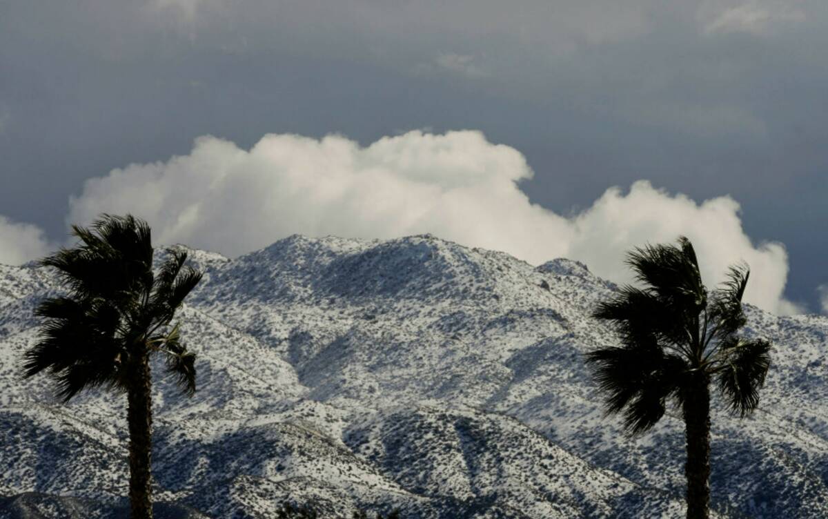 Two palms trees are backdropped by snow-covered mountains in Hesperia, Calif., Wednesday, March ...