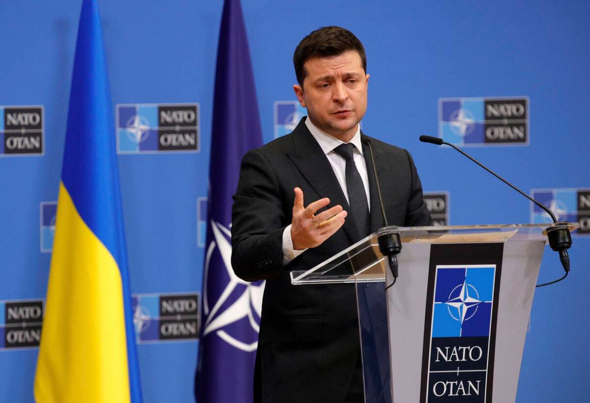 Ukraine's President Volodymyr Zelenskyy speaks as he participates in a media conference with NA ...