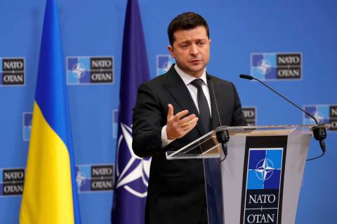 Ukraine's President Volodymyr Zelenskyy speaks as he participates in a media conference with NA ...