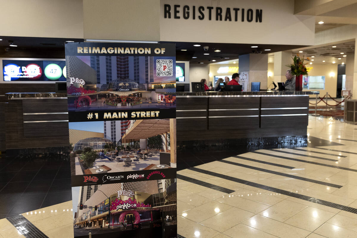 A sign outlining new construction is displayed in the main lobby at The Plaza on Thursday, Marc ...