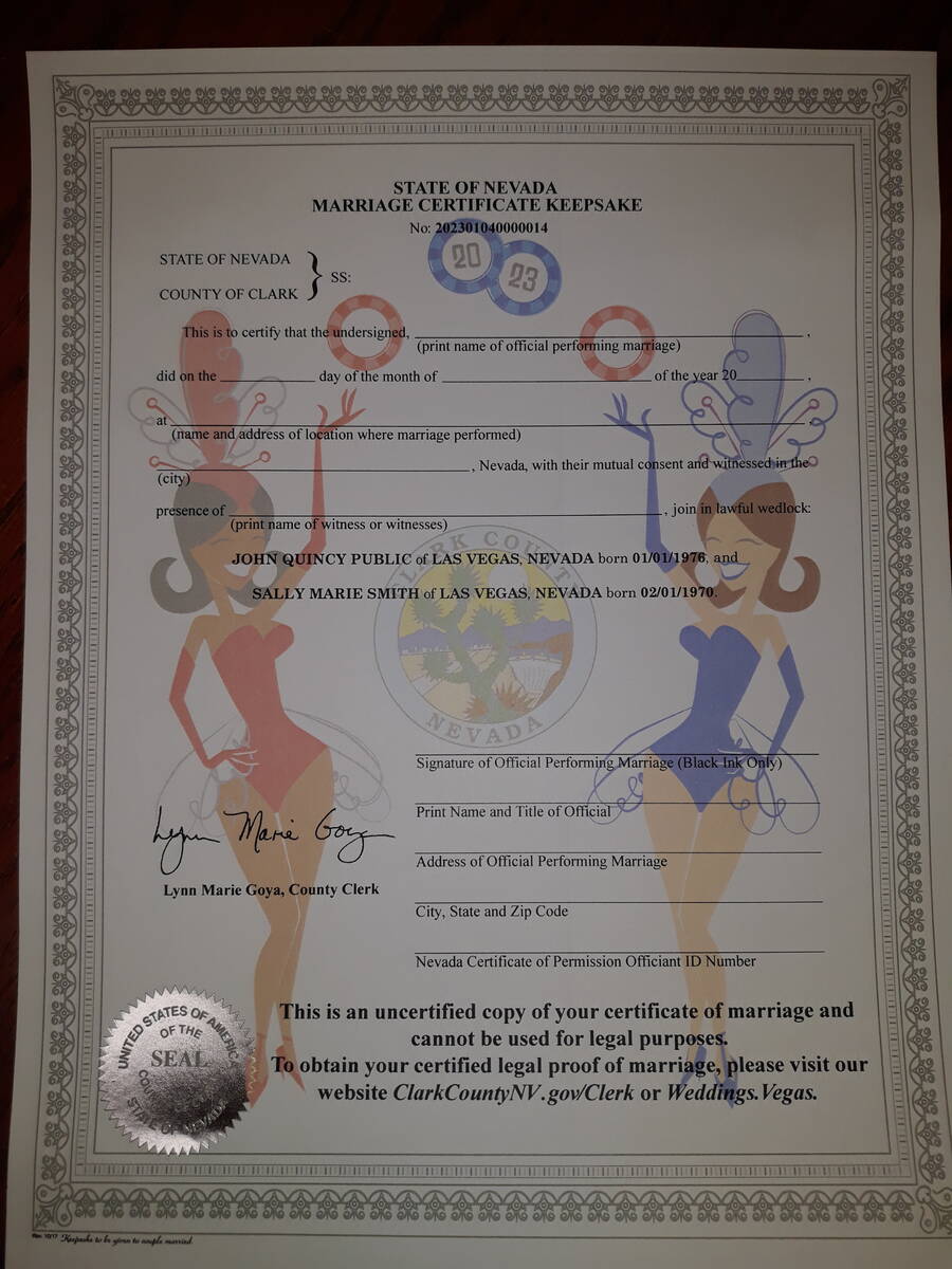 A showgirl-themed keepsake document offered to couples issued marriage licenses by the Clark Co ...