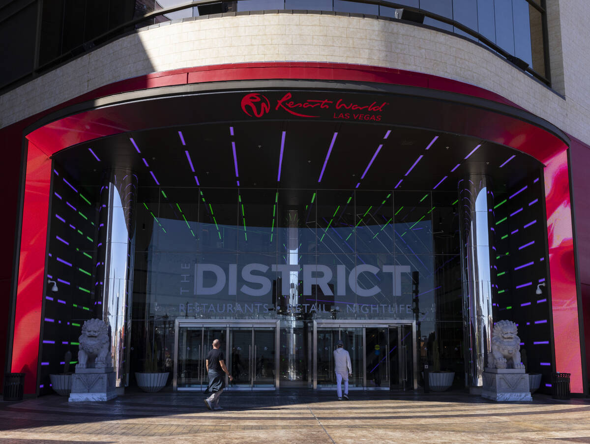 Tourists enter the District at the Resorts World, on Friday, March. 3, 2023, in Las Vegas. (Biz ...