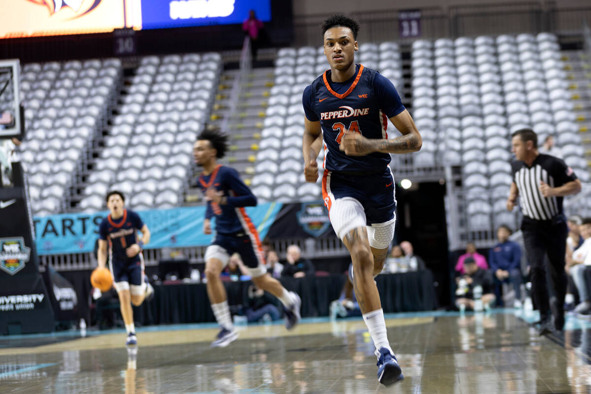 Pepperdine forward Maxwell Lewis (24), who is from Las Vegas, runs up the court during a West C ...