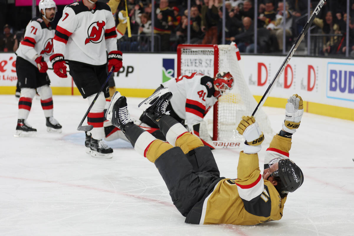 Vegas Golden Knights right wing Jonathan Marchessault (81) reacts after shooting a puck for a s ...