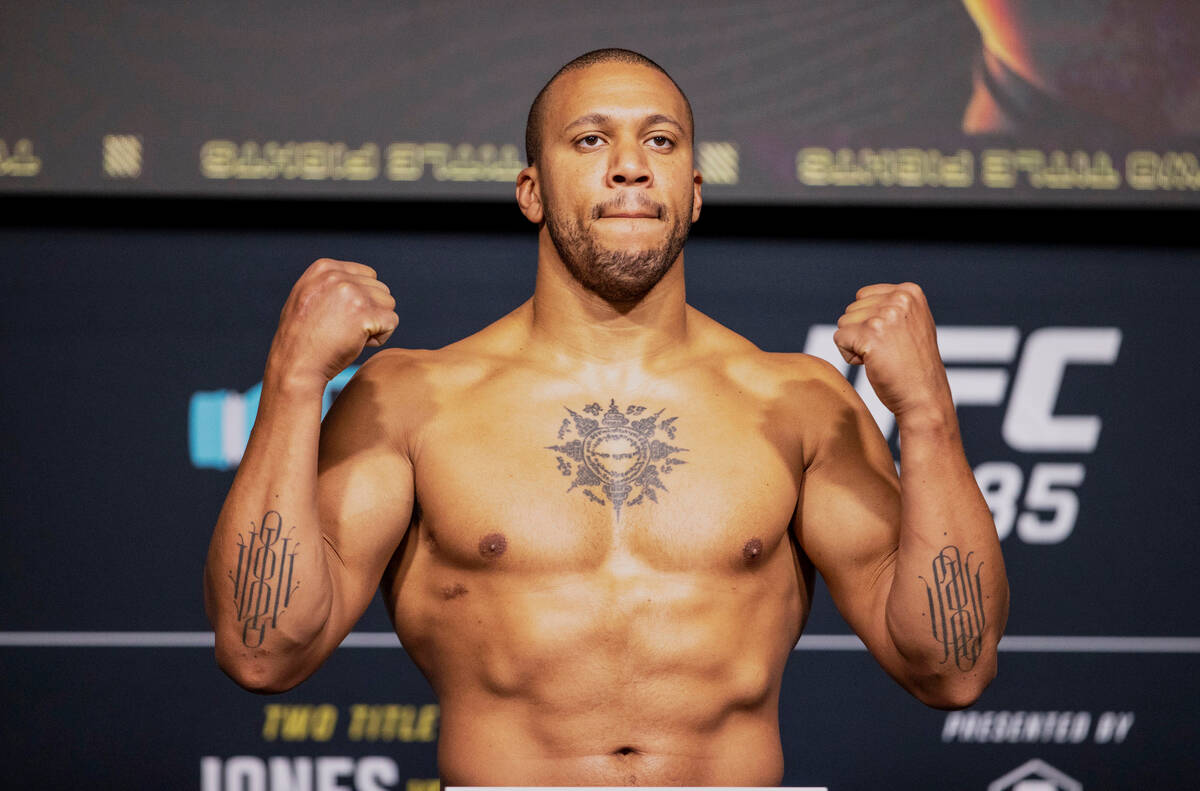 UFC heavyweight Ciryl Gane weighs in at the UFC Apex in Las Vegas on Friday, March 3, 2023, for ...