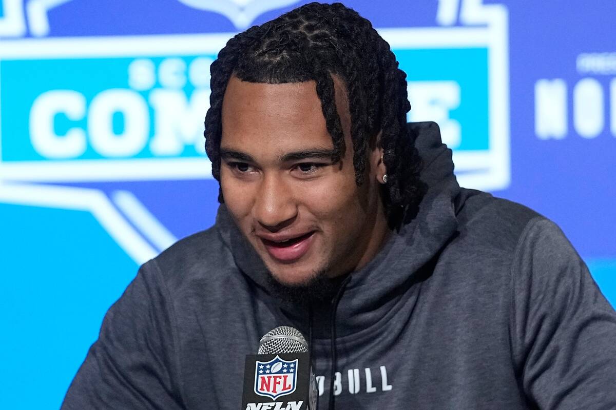 Ohio State quarterback CJ Stroud speaks during a news conference at the NFL football scouting c ...