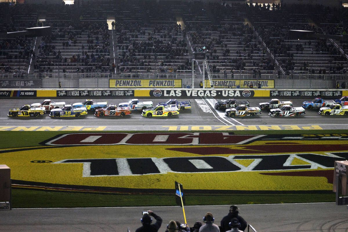 Drivers compete during the NASCAR Craftsman Truck Series auto race at Las Vegas Motor Speedway, ...